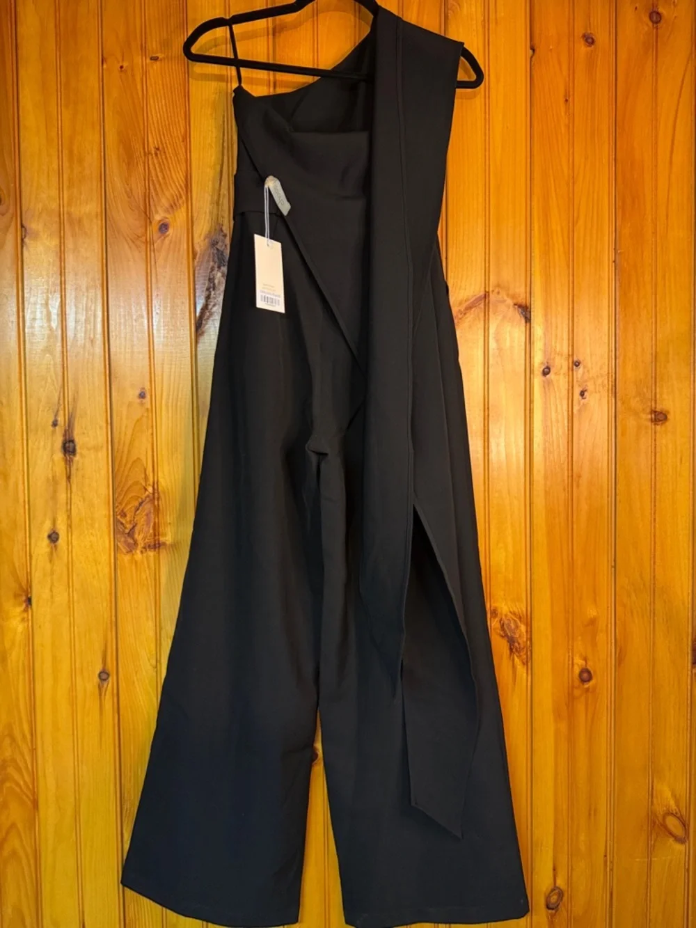 Choosy Elegent One-Shoulder Tie Wide-Leg Pant Jumpsuit with Belt,Black - Picture 7 of 11